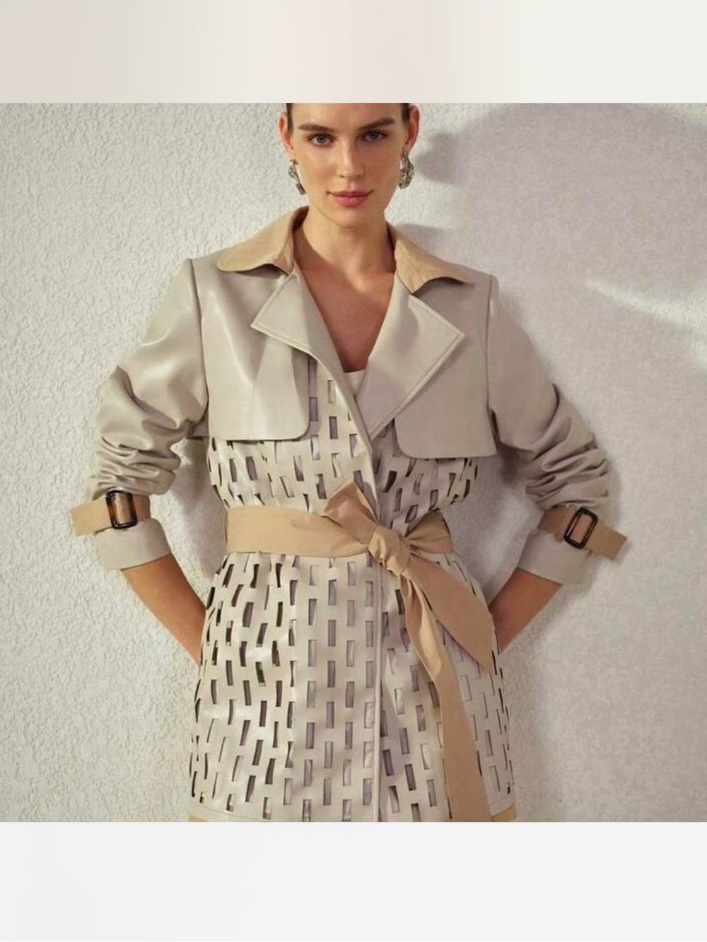 Beige Tab Laser-Cut Short Trench Coat